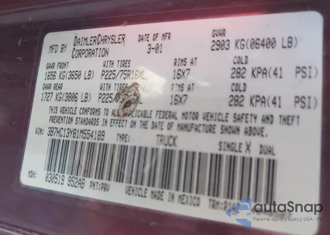 2001 Dodge Ram 1500 St из США, поврежденный, VIN 3B7HC13Y81M554189